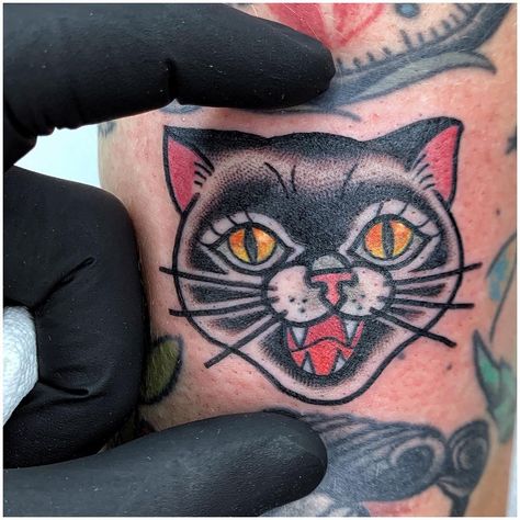 Americana Cat Tattoo, Traditional Cat Face Tattoo, Woman With Cat Tattoo, Alley Cat Tattoo, Traditional Cat Tattoo Flash, Retro Cat Tattoo, Black Cat Traditional Tattoo, Old School Cat Tattoo, Traditional Black Cat Tattoo