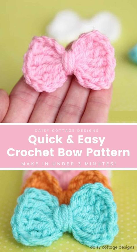 How to Make a Crochet Bow Pattern - Daisy Cottage Designs Small Crochet Bow Pattern Free, Small Bow Crochet Pattern Free, Small Crochet Bow Tie Free Pattern, How To Crochet A Small Bow, Small Bow Crochet Pattern, Small Crocheted Flowers Free Pattern, Free Small Flower Crochet Pattern, Small Crocheted Flowers, Crochet A Flower Easy