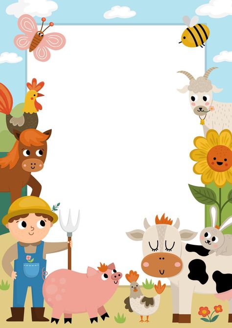 Farm party greeting card template with cute farmer, rural landscape and animals. Countryside poster or invitation for kids. Bright country holiday illustration with cow, pig, hen, horse Poster Theme Ideas, Farm Animals Background, Farm Invitation Template, Cute Card Template, Farm Template, Farmer Poster, Farm Party Ideas, Farm Animals Birthday Party Invitations, Farm Animals Invitations