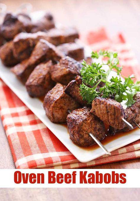 Tasty, well seasoned beef kabobs are made in the oven. Broiled just 3 minutes per side, they are ready fast - the ideal weeknight dinner.  via @healthyrecipes Beef Kabobs In Oven, Oven Kabobs, Vacation Recipes, Beef Kabob Recipes, Top Sirloin, Steak Kabobs, Beef Kabobs, Kabob Recipes, Eat Beef