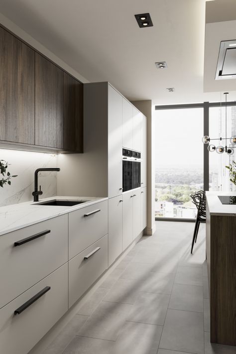 Kitchen Interior Neutral, Howdens Sandstone Matt, Howdens Hockley Super Matt Sandstone, Cream Kitchen Marble Worktop, Matt Sandstone Kitchen, Kitchen Taupe Modern, Sandstone Howdens Kitchen, Greige Kitchen Design, Taupe Kitchen Design