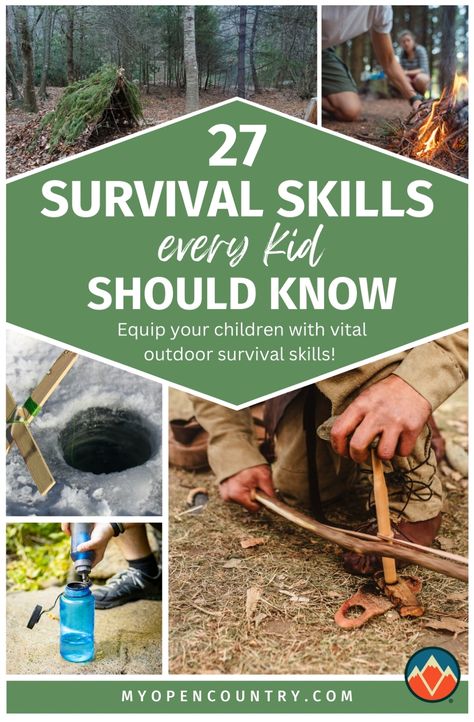 Equip your children with vital outdoor survival skills! Our guide covers easy-to-learn techniques suitable for kids, including how to start fires safely, build simple shelters, and use natural resources wisely. Ideal for young campers and outdoor enthusiasts, these skills promote safety, responsibility, and a love for nature while ensuring fun and engaging learning experiences. | Learn more about Camping Hacks Homestead Survival, Survival Skills For Kids, Kids Survival Skills, Skills For Kids, Primitive Survival, Survival Quotes, Survival Life Hacks, Lost In The Woods, Survival Techniques