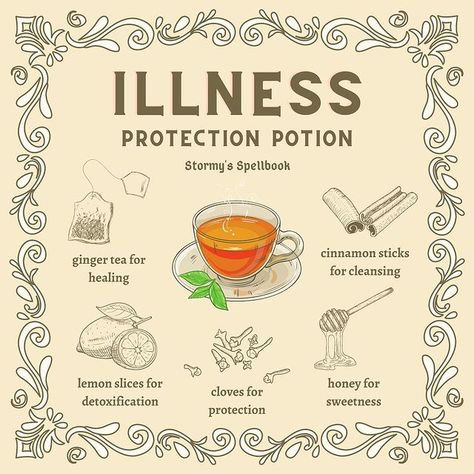 𝚂𝚝𝚘𝚛𝚖𝚢’𝚜 𝚂𝚙𝚎𝚕𝚕𝚋𝚘𝚘𝚔 on Instagram: “An illness protection potion! Great to use right now especially, although doctor’s recommendations should always come first!…” Tea Spells, Protection Potion, Herb Magic, Tea Witch, Root Work, Kitchen Witch Recipes, Potions Recipes, Witch Tools, Witch Tips