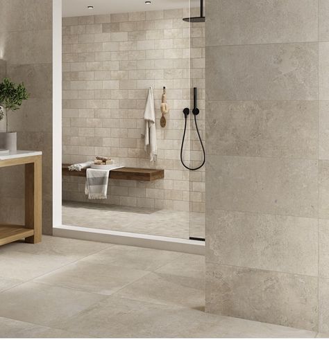 Beige Tile Bathroom, Neutral Bathroom Tile, Stone Tile Bathroom, Sand Floor, Warm Bathroom, Neutral Stone, Natural Bathroom, Timeless Bathroom, Beige Bathroom