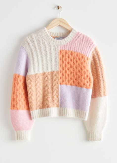 Cable Knit Colour Block Sweater - Cream/Orange/Lilac - & Other Stories NL Orange Oversized Sweater, Colour Block Sweater, Neon Sweater, Chevron Sweater, Colorblock Sweater, Boxy Sweater, Sweater Cream, Black Crewneck, Pink Crewneck