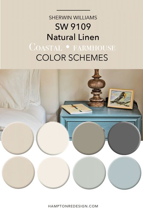 Try these coordinating color schemes using SW 9109 Natural Linen color paint. These two palettes are great for coastal and farmhouse themes to use throughout the house. Natural Linen is a perfect neutral paint color that can work in any home decor though. #sw9109 #naturallinen #sherwinwilliamspaintcolor Sw Farmhouse Color Palette, Cottage Interior Colors Paint Colours, Natural Linen Sherwin Williams Doors, Cottage Neutral Paint Colors, Sw Boho Paint Colors, Coordinating Neutral Paint Colors, Best Linen Paint Color, Living Room Paint Colors Farmhouse, Natural Linen Sherwin Williams Walls Living Room