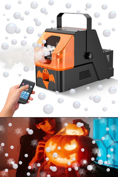 A powerful 3-in-1 machine that can generate spooky fog, whimsical clear bubbles, or mesmerizing fog-filled bubbles that burst with a poof of smoke on contact. 3 In 1, Bubbles, Canning, Halloween