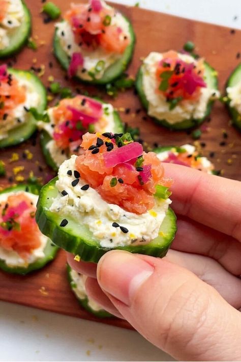 Smoked Salmon Cucumber Bites - Dished by Kate Cucumber Smoked Salmon Appetizer, Smoked Salmon Hors D’oeuvres, Salmon Cucumber Bites, Smoked Salmon Starter, Smoked Salmon Crostini, Salmon Starter, Salmon Puffs, Smoked Salmon Cucumber, Boursin Cheese Recipes