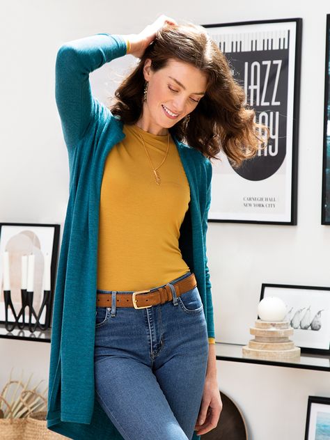 Teal Cardigan Outfit, Deep Autumn Color Palette, Long Cardi, Teal Cardigan, Cardigan Outfit, Suede Belt, Autumn Clothes, Cardigan Outfits, Color Analysis