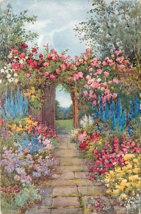 path leads to trellis covered with roses, many coloured flowers on both sides of path - TuckDB Postcards Garden Archway, Garden Illustration, Garden Drawing, Garden Painting, Antique Postcard, Printable Image, English Garden, Watercolor Landscape, Diy Paper