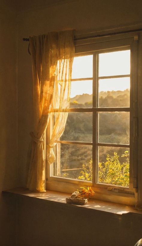 AI aesthetic window created by me 💛 Sunlight Through Window Aesthetic, Sun Streaming Through Window, Sun Through Window, Warmcore Aesthetic, Sunlight Through Window, Window View Aesthetic, Morning Window, Sunrise Window, Windows Aesthetic