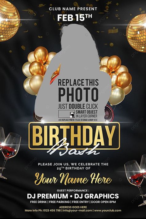 Black Gold Birthday Bash Flyer Template Birthday Party Flyer Background, Birthday Bash Flyer, Gift Background, Birthday Party Flyer, Black Gold Birthday, Happiness Design, Flyer Background, Candle Sweet, Dessert Candle