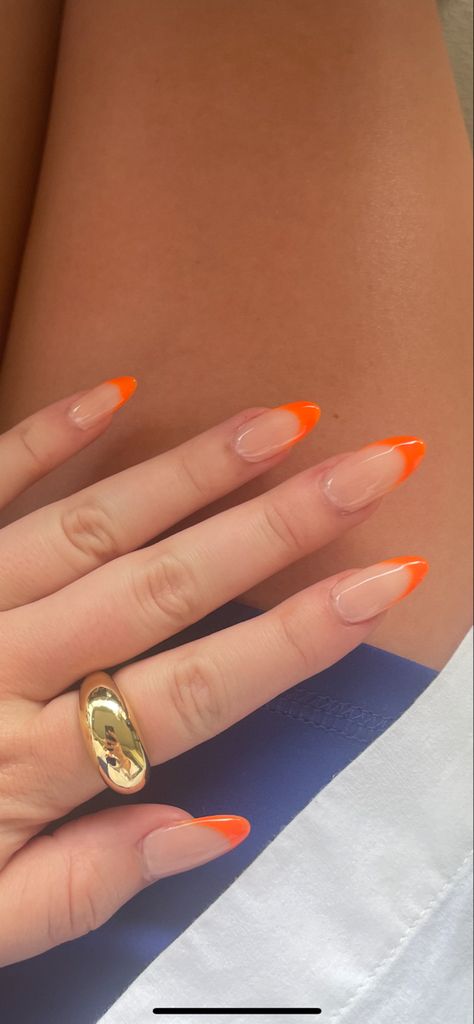 Nails Acrylic Ideas Summer, Nails Acrylics Almond, French Manicure Long Nails, Orange French Nails, Acrylics Almond, Vacation Nail Ideas, Ideas Summer Nails, Almond Nails Designs Summer, Nails Vacation