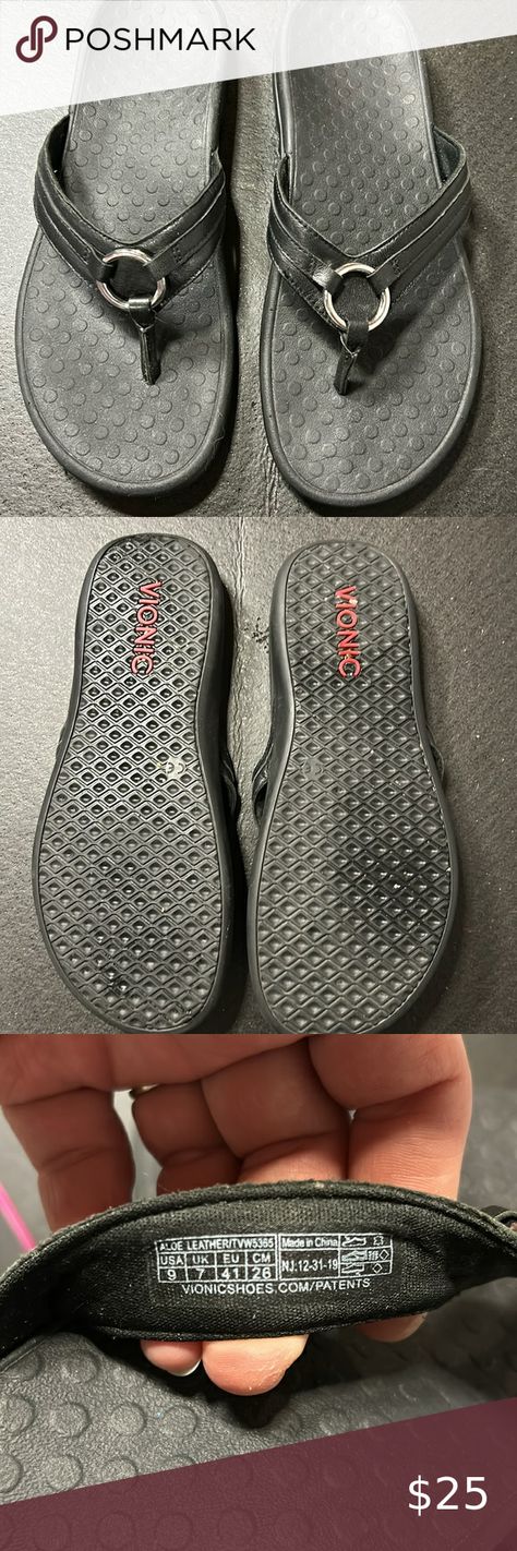 Vionic flip Flop black leather size 9