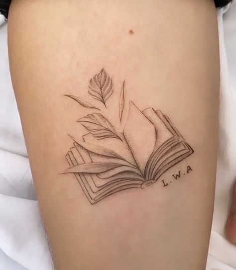 Book And Feather Tattoo, Minimalist Book Tattoo, Simple Book Tattoo, Tiny Book Tattoo, Reader Tattoo Ideas, Small Book Tattoo, Book Themed Tattoos, Book Tattoo Ideas, Tattoos Abstract