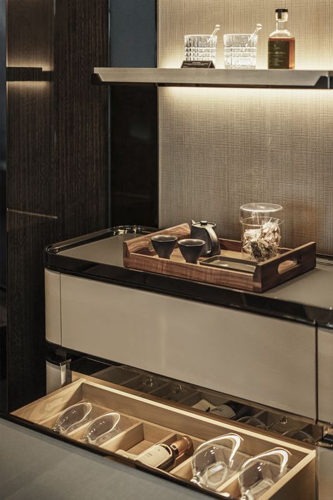 Hotel mini-bar with tea service, whisky glasses, drawer opened with wine glasses Hotel Room Bar Cabinet, Mini Bar In Bedroom, Bedroom Minibar, Hotel Minibar, Suite Room Hotel, Bar Cabinet Design, Hotel Toiletries, Coffee Cabinet, My Bar