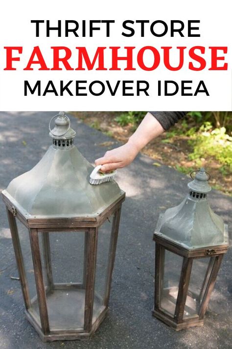 Loving Joanna Gaines doesnt mean you need to go broke. Check out this thrift store Farmhouse lantern makeover idea you can do for cheap. This easy painted lantern idea is simple yet stylish and will make your home decor look expensive. #diy #farmhouse #lantern Decorating A Lantern For Christmas, Wood Lantern Decor, Farmhouse Lantern Decor, Cheap Diy Wall Art, Thrift Store Diy Projects, Painted Lanterns, Tall Lanterns, Lantern Painting, Farmhouse Lantern