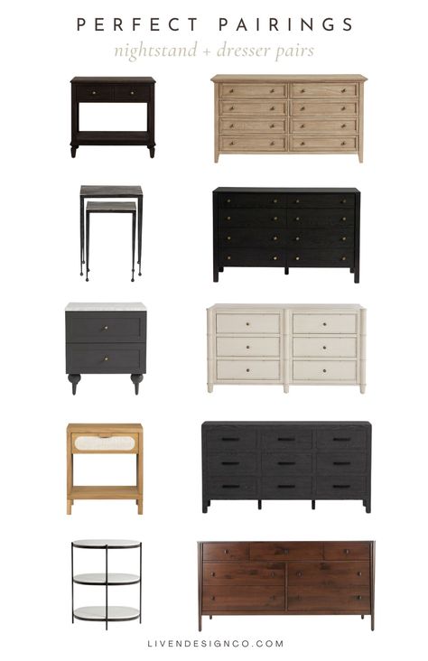 nightstand and dresser pairings. bedroom furniture. nightstand and dresser combos. mix and match bedroom furniture Mix Matched Bedroom Furniture Ideas, Mix And Match Bedroom Furniture, Mix And Match Bedroom, Rental House Decorating, Nightstand And Dresser, Calming Paint Colors, Matching Dressers, Nightstand Dresser, Unique Hardware