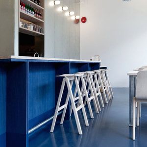 Galvanized Metal Decor, Blue Flooring, Minimalist Dekor, Plywood Flooring, Blue Floor, Painted Floors, The Design Files, Minimalist Kitchen, Restaurant Interior