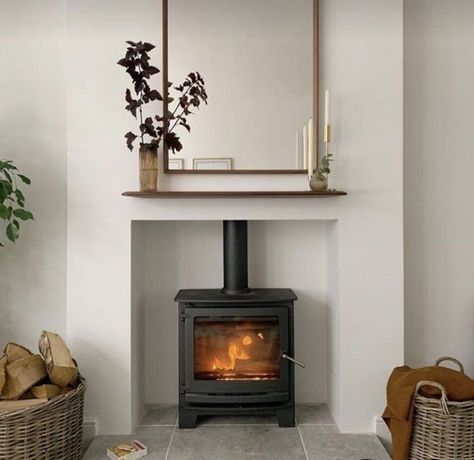 Scandi Fireplace Ideas, Scandi Fireplace, Woodburning Fireplace, Wood Burner Fireplace, Wood Burning Stoves Living Room, Walnut Shelf, Log Burner Fireplace, Log Burner Living Room, Stove Installation