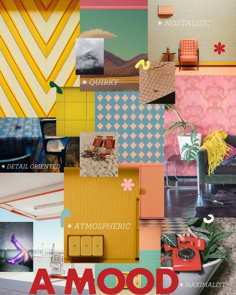 Retro Wes Anderson aesthetic mood board for brand photoshoot ideas. Wes Anderson Inspired Interior, Wes Anderson Website Design, Wed Anderson Aesthetic, Wes Anderson Website, Wes Anderson Mood Board, Art Direction Mood Board, Retro Graphic Design Aesthetic, Wes Anderson Kitchen, Wes Anderson Branding