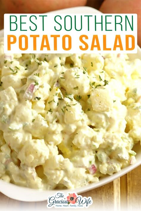 A classic Southern Potato Salad that will be the best you ever had. Creamy and tangy and made with simple ingredients. I know! A comfort food, soul food, southern food lover. NOT even liking potato salad. But it’s true. That is, until I found this Best Southern Potato Salad recipe that turns every potato salad naysayer into a believer, guaranteed. This potato salad is creamy, tangy, and flavorful with just a little kick of spicy. | @thegraciouswife #memorialdaypotatosalad #easysummersidedi Southern Potato Salad Recipe, Sour Cream Potato Salad, American Potato Salad, Summer Side Dishes Recipes, Southern Style Potato Salad, Potatoe Salad, Best Potato Salad Recipe, Homemade Potato Salads, Southern Potato Salad