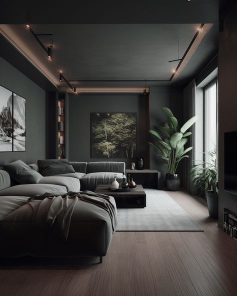 #modern #interior #room House Design Dark Academia, Dark Interiors Modern, Dark Minimalistic Interior, Dark Minimalist Aesthetic Living Room, Black Home Interior Design Living Room, Dark Modern Apartment Interior Design, Grey Wall Interior Design, Dark Minimalist Aesthetic House, Dark Modern Bedroom Design