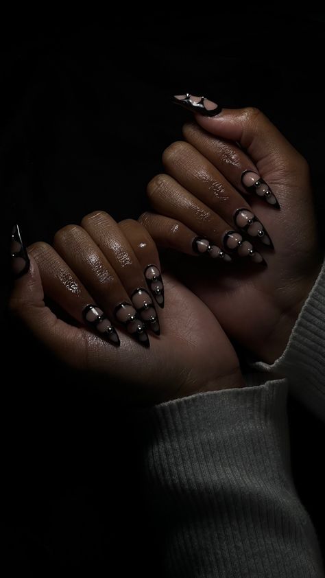 Dark Feminine Nails Design, Siren Nails Dark, Dark Femme Nails, Dark Fem Nails, Nails Dark Feminine, Black Nude Nails, Dark Feminine Nails, Siren Nails, Feminine Nails