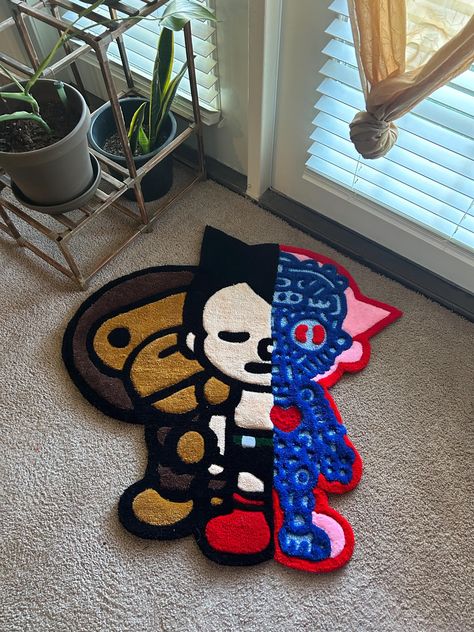 Material 🧶: 100% Acrylic Handmade Rug Dimensions 📏: 96cm x 82 cm Production 🕒: Ready to ship! Cool Rug Designs, Room Decor Ideas Boys, Mens Rug, Cute Carpets Rugs, Cool Rug Ideas, Cartoon Rug, Rug Aesthetic, Cool Carpets, Aesthetic Rugs