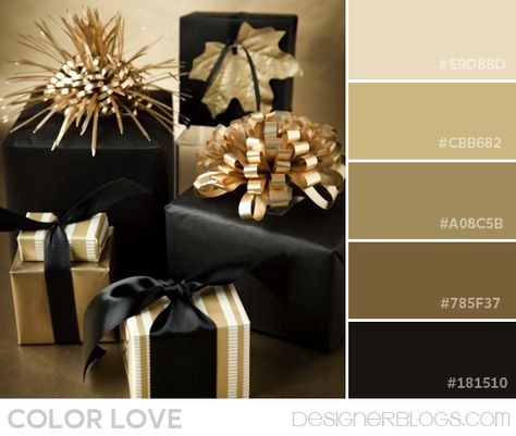 Color Palette Love | Black & Gold | DesignerBlogs.com Elegant Gift Wrapping, Gold Christmas Decorations, Creative Gift Wrapping, Idul Fitri, Beautiful Gift Wrapping, Wrapping Ideas, Noel Christmas, Black Gift, Gold Christmas