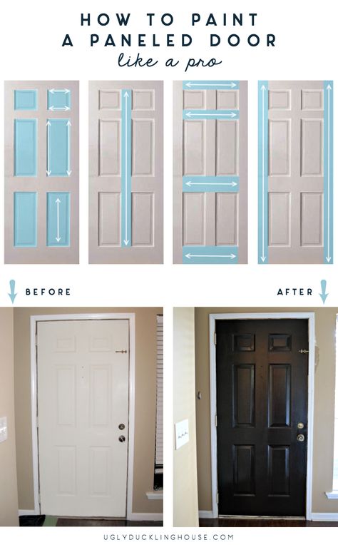 How to paint a paneled door like a pro: this simple technique is all you need to reduce paint streaks and get a high-impact finish — makes it so easy! via @uglyducklingDIY Painted Interior Doors, Black Interior Doors, Door Paint, Door Paint Colors, Painted Front Doors, Sopot, Diy Home Repair, Door Makeover, Home Upgrades