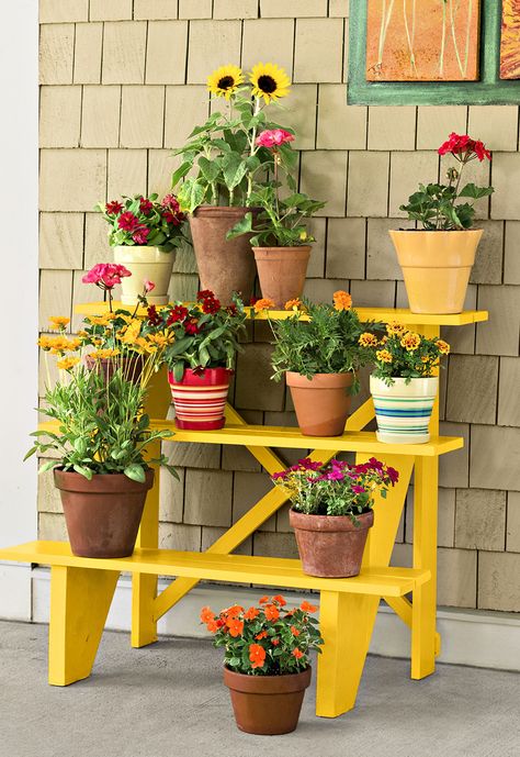 thisoldhouse: “ STAIR-RISER PLANT STAND How to create a container garden that’s a step above the rest? Build a plant riser using stair parts. To create this cheery display, we started with two... Small Patio Spaces, Planter Box Plans, Garden Plant Stand, نباتات منزلية, Diy Planter Box, Plant Stands Outdoor, Diy Plant Stand, Have Inspiration, Plant Stand Indoor