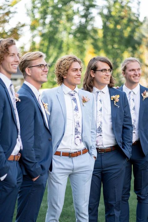 Pastel Wedding Tuxedo, Mismatched Groom And Groomsmen, Pastel Tuxedo Men, Spring Wedding Bride And Groom, Groomens Attire, Blue Tux Wedding, Light Blue Suit Wedding, Blue Groomsmen Attire, Blue Wedding Suit Groom