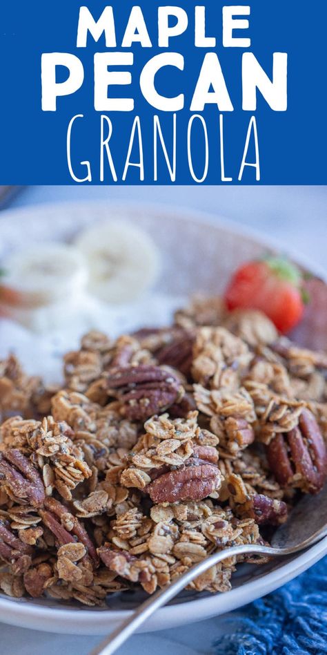 Once you start making homemade granola, you'll never eat store-bought again! This Homemade Maple Pecan Granola Recipe is easy to make and packed with healthy ingredients that will fill you up and make your body feel great. Serve this super chunky granola with milk or yogurt and fruit for a balanced breakfast.  The pecans are perfectly toasted and go so well with the flavor from the maple syrup. #granolarecipe #healthybreakfast #homemadecereal #glutenfree #vegan Granola Recipe Egg Whites, Homemade Granola Nut Free, Maple Pecan Granola Recipe, Granola Recipe Nut Free, Pecan Granola Recipe, Homemade Chunky Granola, Homemade Granola Cereal, Maple Pecan Granola, Homemade Cereal