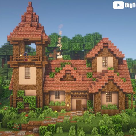 A large fairytale or fantasy-style cottage. Tutorial at the link! Old Style Minecraft House, Cottage Style Minecraft House, Old Fashioned Minecraft Houses, Minecraft Asthetic Houses, Large Minecraft Houses Cottagecore, Birch House Minecraft, Medevil Minecraft Houses, Elven Minecraft, Minecraft Empire