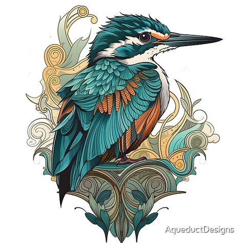 An illustration of an orange and blue Kingfisher. The Kingfisher is such a colourful and cute bird and I really wanted to capture that in this illustration. I added a bit of flair with the accompanying swirls in a more neutral colour palette to really set Kingfishers Birds, Kingfisher Tattoo, Kingfisher Illustration, Town Inspiration, Kingfisher Art, Neo Trad Tattoo, Nouveau Tattoo, Kingfisher Bird, Taxidermy Art