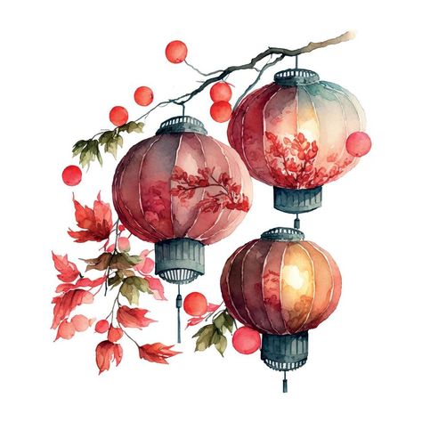 Chinese Umbrella Aesthetic, Tanglung Cina Drawing, Chinese Lantern Festival Illustration, Chinese Festival Drawing, Japanese Festival Drawing, Lunar New Year Watercolor, Chinese Lanterns Painting, China Art Illustration, Tanglung Cina