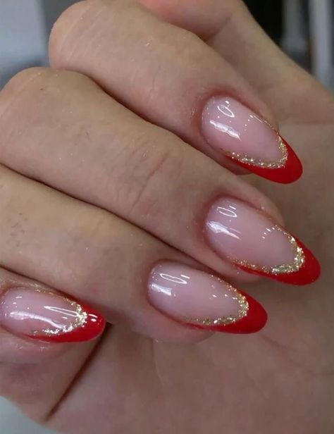 Candy Cane French Tip Nails Almond, Christmas Theme Nails Simple, Nails Inspiration For Christmas, Red White Gold Nails Design, Birthdays Nails Design, Red French With Gold Line, Christmas Nails Acrylic Red And Gold, Xmas 2024 Nails, Red French Tip Nails With Gold Line