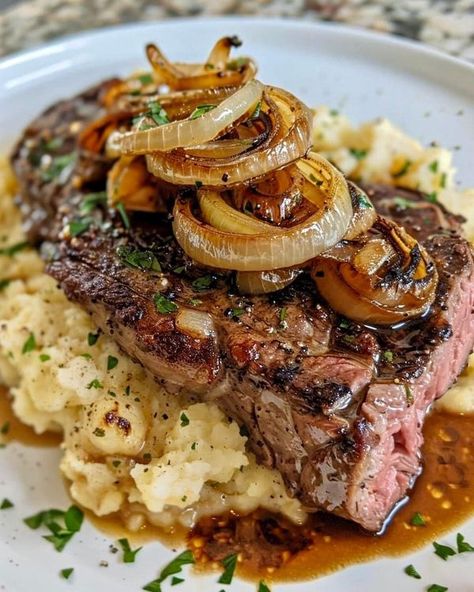 CHEF GUY FIERI🍱 | RIBEYE STEAK WITH CARAMELIZED ONIONS AND MASHED POTATOES 🥩🧅🍽️ | Facebook Herb Butter Steak, Mashed Potatoes Dinner, Lemon Herb Butter, Potatoes Dinner, Ribeye Steak Recipes, Fluffy Mashed Potatoes, Butter Steak, Lemon Herb, Ribeye Steak