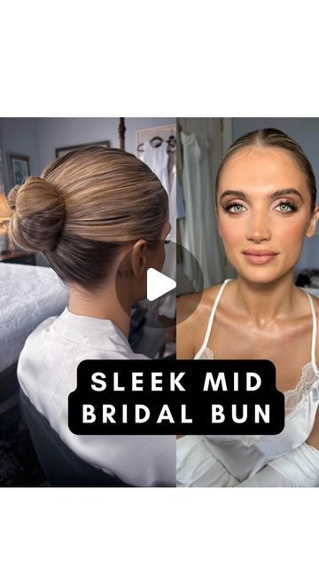 Polished Wedding Hair, Mid Head Bun Wedding, Slick Back Bun Bridesmaid, Slick Bridal Bun, Bridal Mid Bun, Mid Height Bun, Slick Back Wedding Bun, Wedding Sleek Bun, Mid Bun Wedding Hair