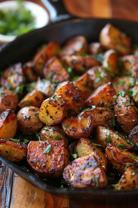 Golden, roasted potatoes garnished with fresh herbs in a skillet. Cambray Potatoes Recipes, Potatoes On The Stove Top, Ways To Prepare Potatoes, Pan Fried Potatoes Recipe, Pan Fried Red Potatoes, Sauted Potatoes Recipes, Crispy Fried Potatoes Skillet, Southern Fried Potatoes And Onions, Diced Potatoes Skillet