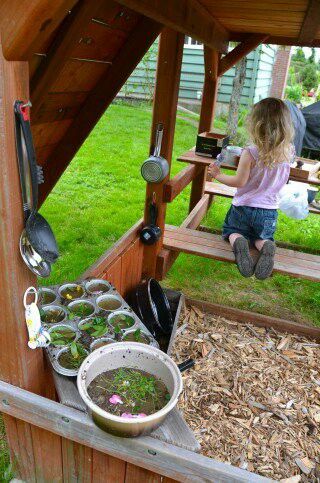 Mud pie kitchen under the swing set, love it! Mud Kitchen Under Playset, Under Playground Ideas, Mudpie Kitchen, Swingset Ideas, Playset Ideas, Backyard Playground Landscaping, Mud Pie Kitchen, Playground Landscaping, Backyard Playset