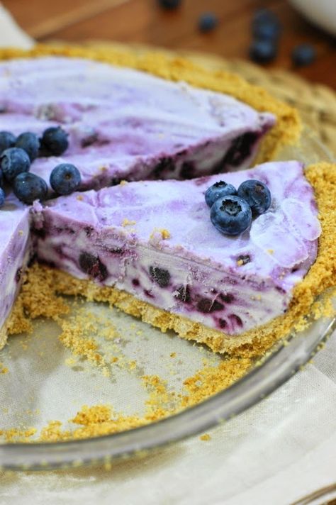 Frozen Blueberry Cream Pie ~ beautifully swirled with fresh blueberries.    www.thekitchenismyplayground.com Blueberry Cream Pie, The Kitchen Is My Playground, Blueberry Cream Pies, Frozen Pie, Blueberry Desserts, Make Ahead Desserts, Raspberry Cheesecake, Blueberry Recipes, Blueberry Cheesecake