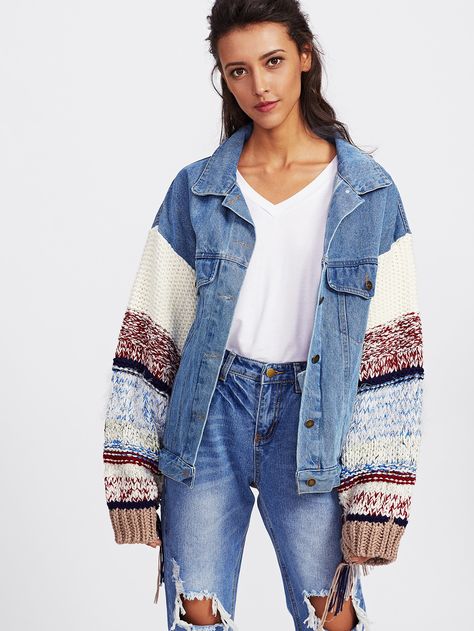 Shop Contrast Knit Sleeve Denim Jacket online. SheIn offers Contrast Knit Sleeve Denim Jacket & more to fit your fashionable needs. Refashion Jeans, Ropa Upcycling, Jeans Trend, Look Jean, Jean Jacket Outfits, Denim Ideas, Color Block Jacket, Couture Mode, Denim Diy