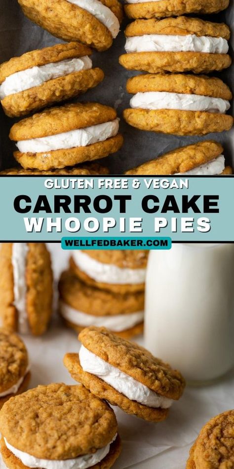 gluten free carrot cake whoopie pies Vegan Whoopie Pies, Gluten Free Vegan Carrot Cake, Whoopie Cookies, Carrot Cake Whoopie Pies, Cake Whoopie Pies, Carrot Cake Sandwich Cookies, Desert Board, Df Recipes, Vegan Carrot Cake