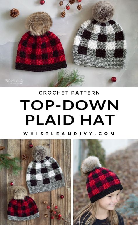 Buffalo Plaid Crochet, Crocheted Stuffies, Crocheting Hats, Ivy Crochet, Crochet Headwear, Crochet Plaid, Plaid Crochet, Crochet Knit Blanket, Plaid Hat