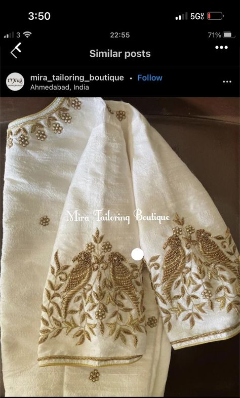 White And Gold Blouse Designs, Off White Silk Blouse Designs Work, White Blouse With Gold Work, White Blouse With Gold Embroidery, White Zardosi Work Blouse, Cream Colour Blouse Work Designs, Cream Color Blouse Work Designs, Khatwork In Blouse, White Blouse Hand Work Design