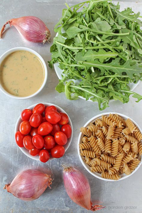 Pasta Salad With Arugula, Arugula Pasta Salad, Creamy Arugula Pasta, Pasta With Arugula And Tomatoes, Lemon Arugula Pasta Salad, Arugula Pesto Pasta Salad, Arugula Pasta, Roasted Shallots, Homemade Italian Dressing