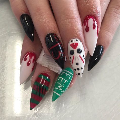 Friday the 13th/Nightmare on Elm Street nails Friday 13 Nail Art, Friday The 13 Nail Art, Jason Voorhees Nail Designs, Jason Voorhees Nail Art, Friday 13 Nails, Friday The 13th Nails Acrylic, Friday 13th Nails, Friday The 13 Nails, Jason Halloween Nails