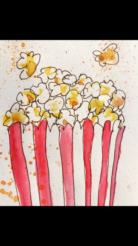 Popcorn Watercolor Painting, Popcorn Watercolor, Popcorn Sketch, Popcorn Tattoo, Popcorn Painting, How To Draw Popcorn, Popcorn Paint, Popcorn Drawing, Circus Watercolor